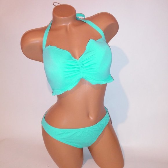Victoria Secret Swim Bikini‎ 38D Top Large Bottom Aqua Seafoam Glow Scallop Trim - Picture 3 of 9